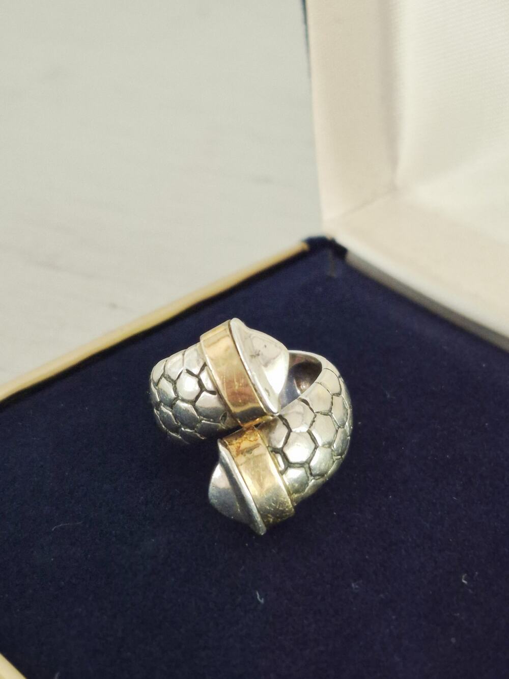 Vintage Sterling Silver 14K Gold Pebble Bypass Ring